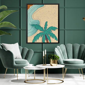 a living room with a palm tree on the wall