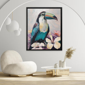 a painting of a toucan sitting on a table