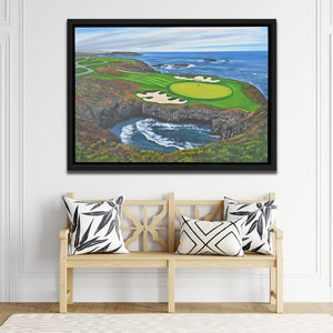 a painting of a golf course by the ocean