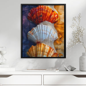 a painting of seashells on a wall above a dresser