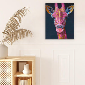 a painting of a giraffe on a wall next to a potted plant