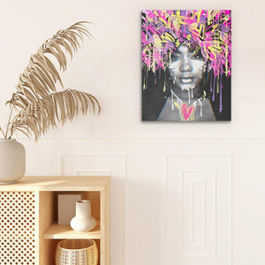 a painting of a black woman with pink flowers on her head