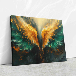 a painting of a golden and green angel wings