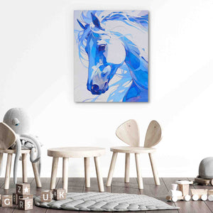 a painting of a blue horse in a white room