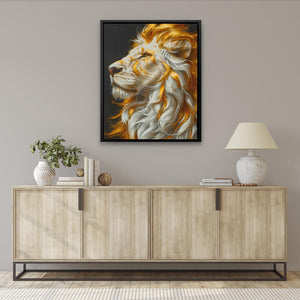 a painting of a lion on a wall above a sideboard