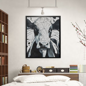 a picture of a cow on a wall above a bed