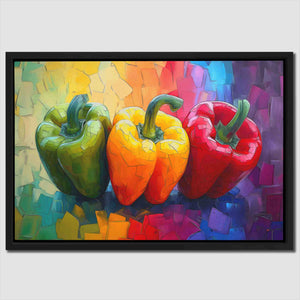 a painting of three peppers on a colorful background