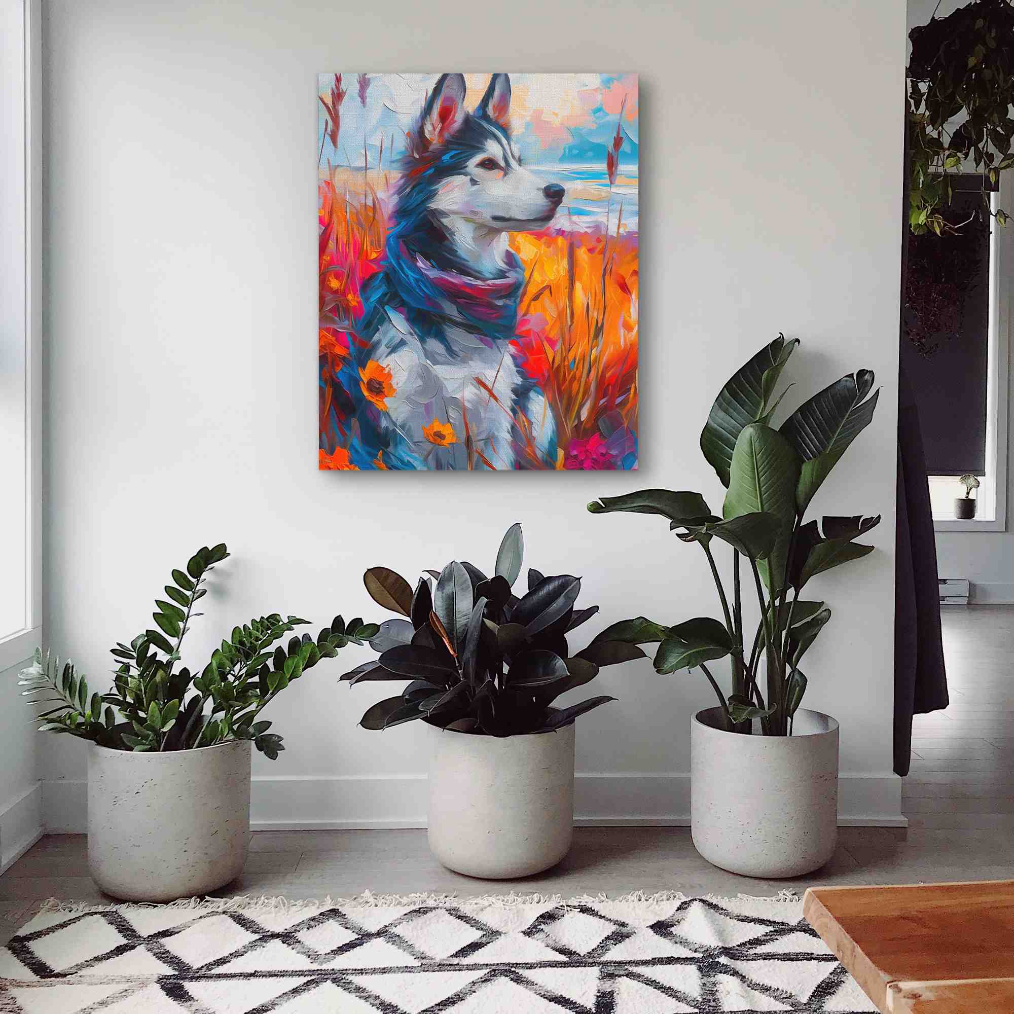 a painting of a husky dog in a field of flowers