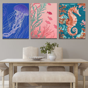 a dining room table with two paintings of sea animals