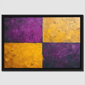 a painting of yellow and purple on a white wall