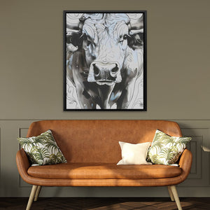 a painting of a cow on a wall above a couch