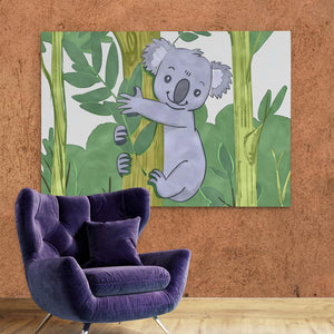 a purple chair sitting in front of a painting of a koala