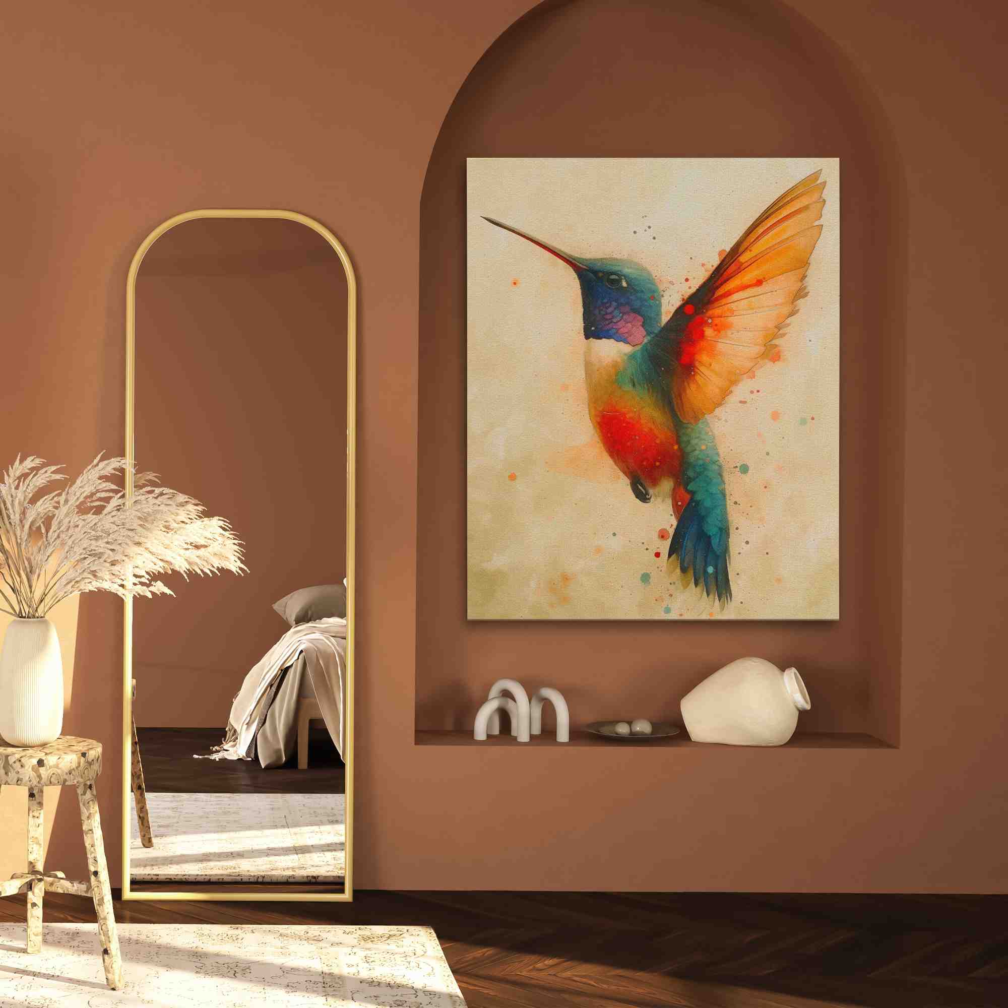 a painting of a colorful hummingbird flying