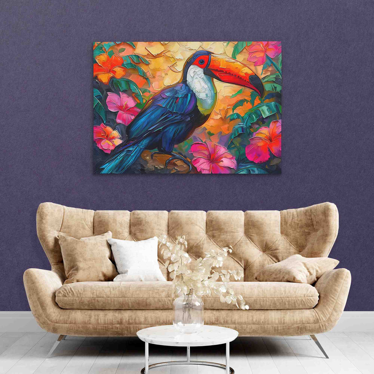 a living room with a couch and a painting on the wall