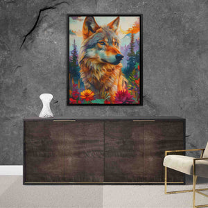 a painting of a wolf on a wall next to a chair