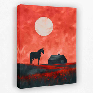 a painting of a horse standing in a field with a barn in the background