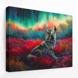 a painting of a wolf sitting in a field