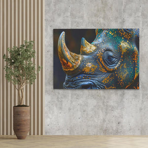 a painting of a rhino is hanging on a wall