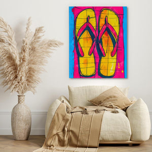 a painting of a pair of flip flops on a wall