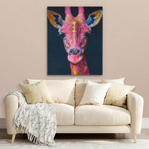 a living room with a couch and a painting of a giraffe