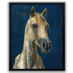 a painting of a white horse on a blue background