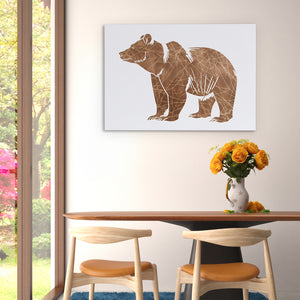 a picture of a bear on a wall above a table