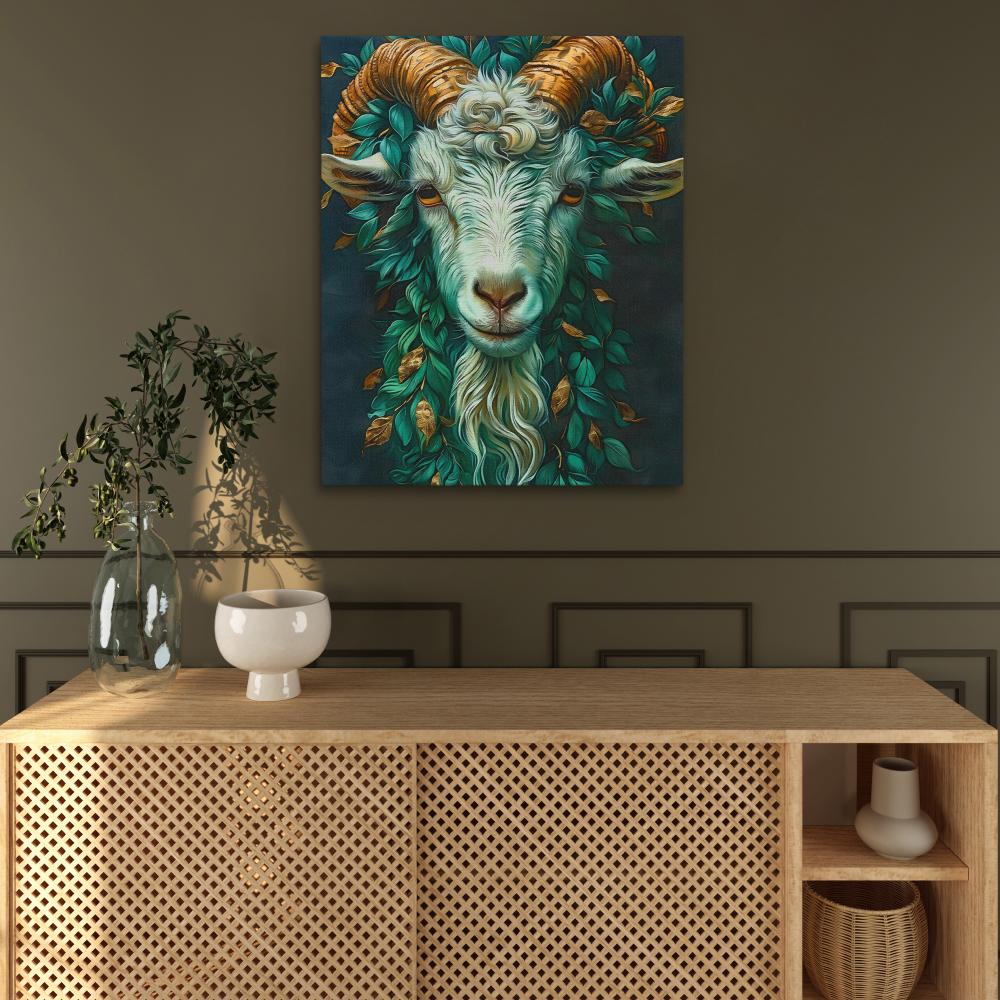 a painting of a goat with long horns