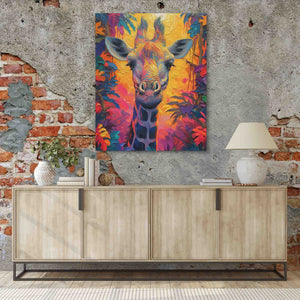 a painting of a giraffe on a brick wall