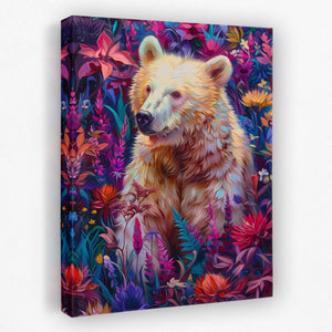 a painting of a bear surrounded by flowers