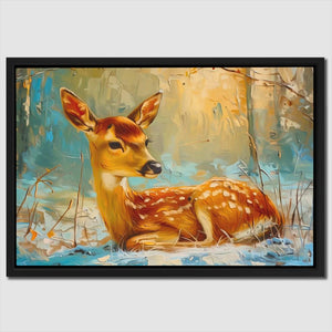 a painting of a deer laying down in the snow