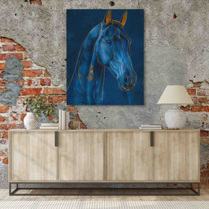 a painting of a blue horse on a brick wall