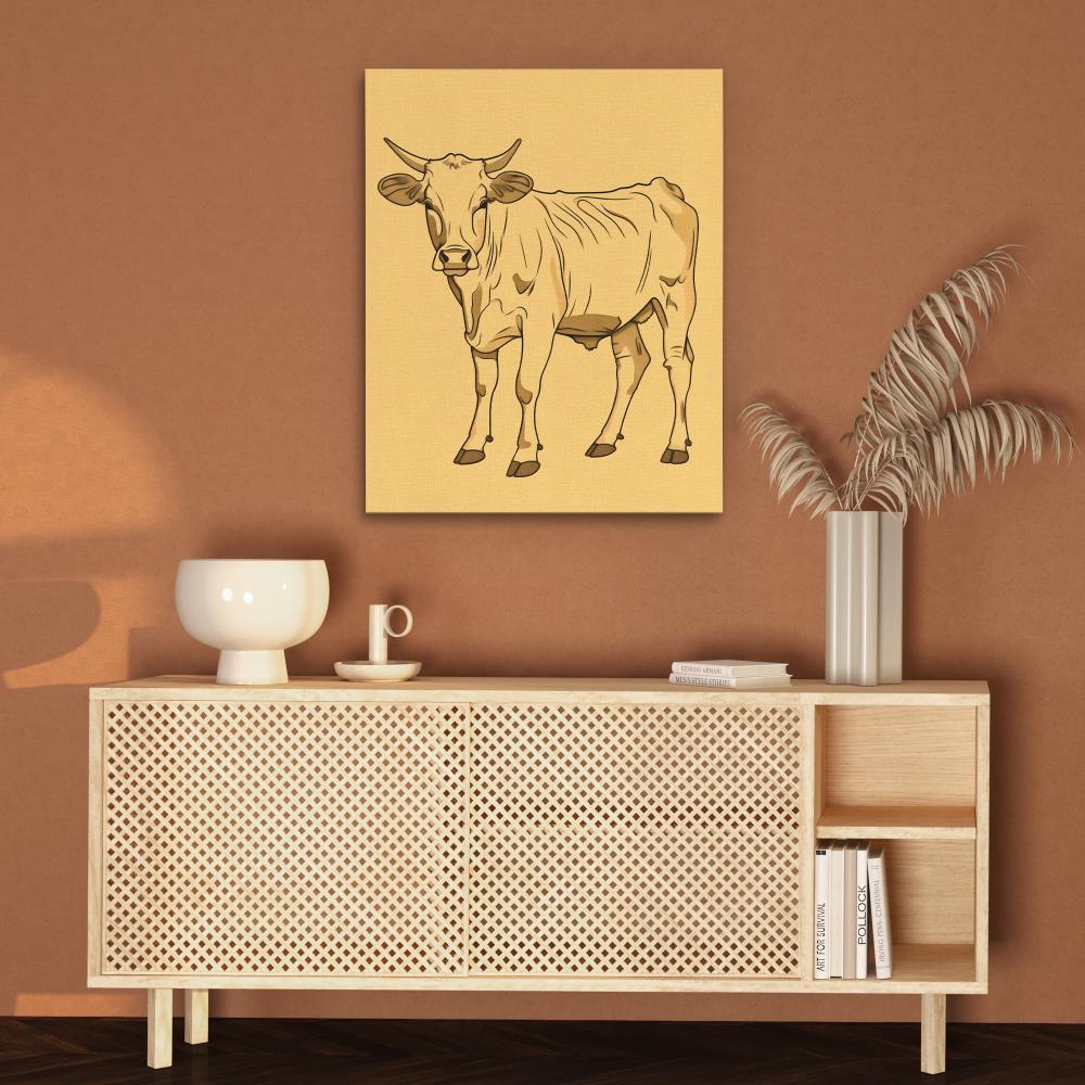 a drawing of a cow on a yellow background