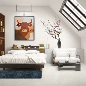 a bed room with a neatly made bed and a book shelf