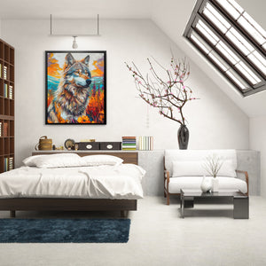 a bedroom with a bed and a painting on the wall