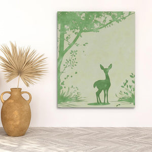 a painting of a deer in a green forest