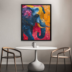 a painting of an elephant on a wall above a table