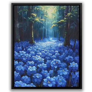 a painting of blue flowers in a forest