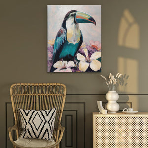 a painting of a toucan sitting on a wall next to a chair