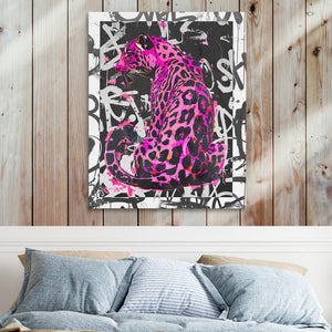 a painting of a pink leopard on a black and white background