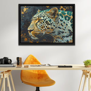 a painting of a leopard on a wall above a desk