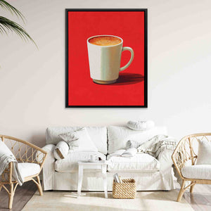 a painting of a coffee cup on a red background