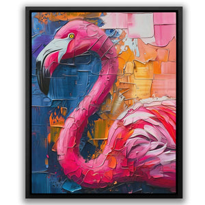 a painting of a pink flamingo in front of a brick wall