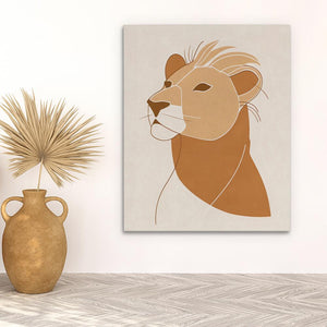 a picture of a lion on a wall next to a potted plant