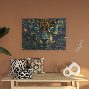 a painting of a leopard on a wall above a table