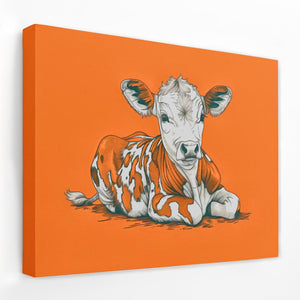 a painting of a cow laying down on an orange background
