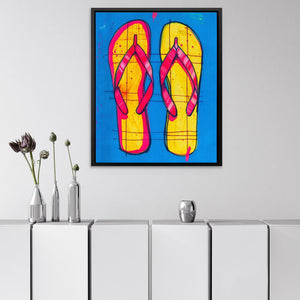 a painting of a pair of flip flops on a blue background