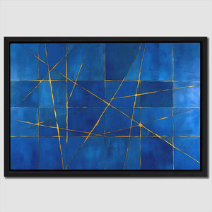 a painting of blue and gold lines on a wall