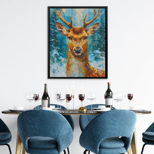 a painting of a deer is hanging above a dining room table