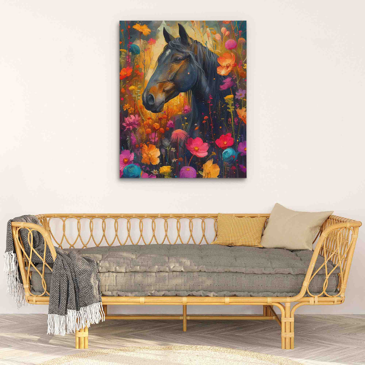 a painting of a horse on a wall above a couch