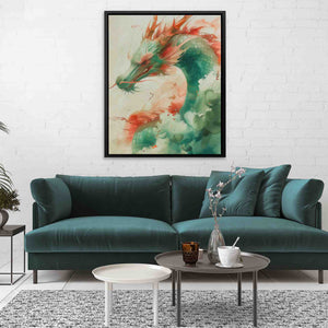 a living room with a blue couch and a painting on the wall